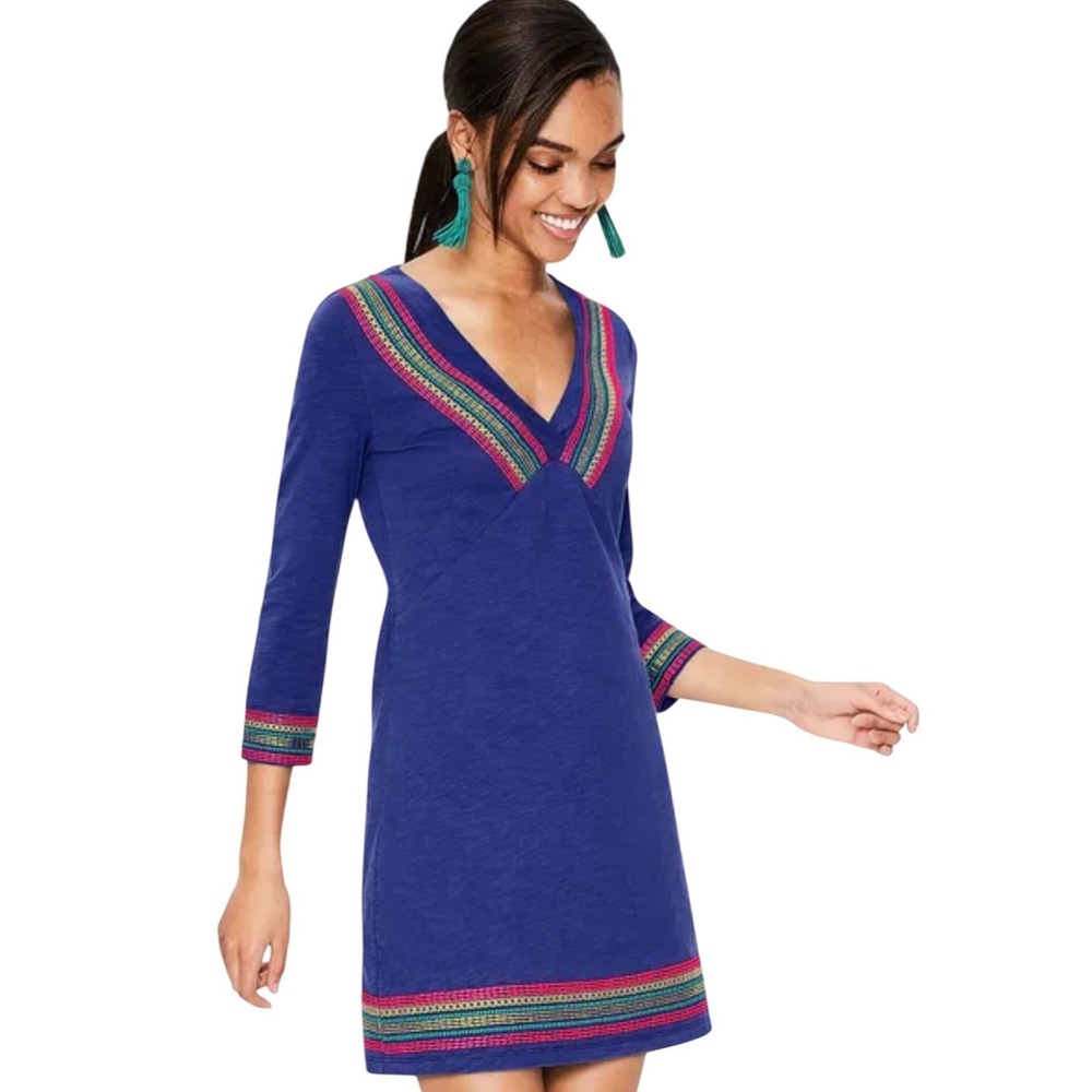 Boden Blue Embroidered Trim V-Neck Dress 3/4 Sleeve Boho Shift Dress US 12